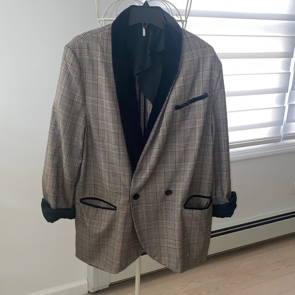 Free People Plaid Blazer with Black Velvet Trim